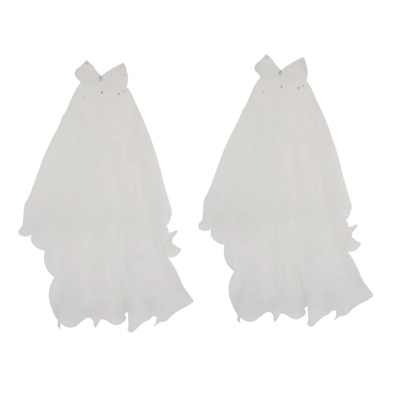 

2X Women Wedding Veil Dress White Bowknot Layers Tulle Ribbon Edge Bridal Veils