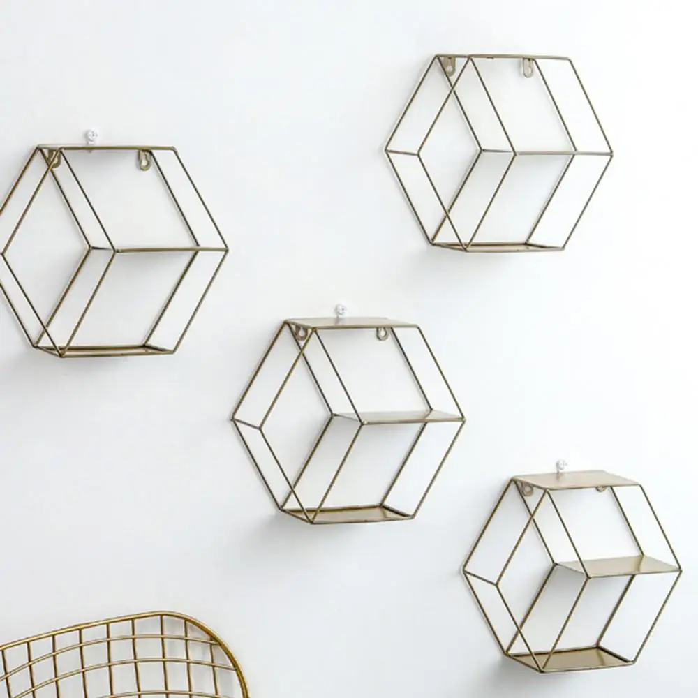 

Metal Hexagonal Wall Hanging Shelf Storage Rack Living Room Bedroom Decoration