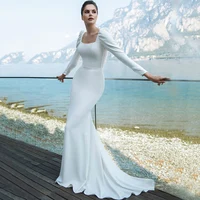 Modest Long Sleeve Satin Mermaid Wedding Dresses 2022 Square Neck Sweep Train Simple Cheap  Custom Made Robe De Mariee Customize