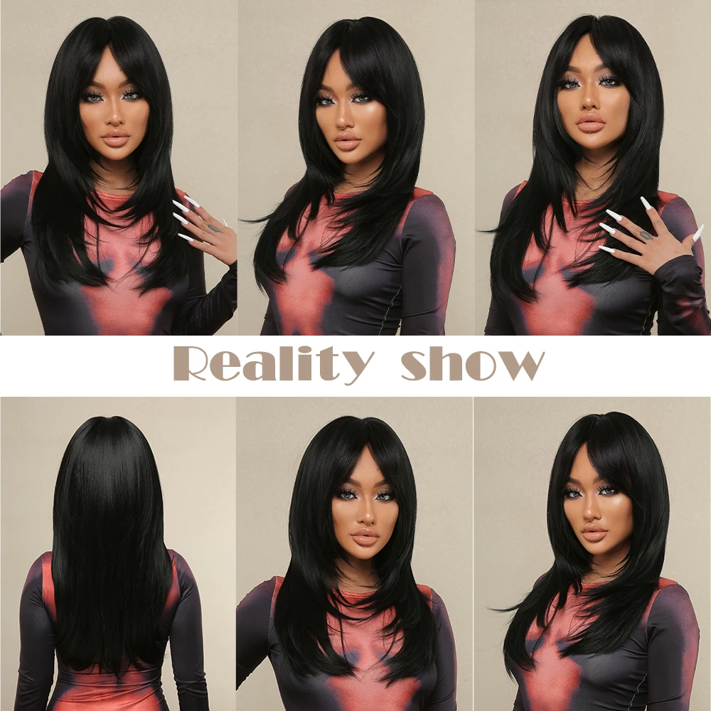 Black Synthetic Wigs Long Straight Layered with Bangs Wigs for Black Women Heat Resistant Cosplay Daily Natural Hair Wig