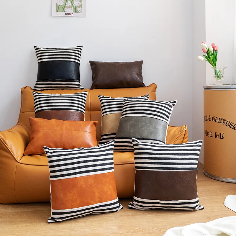 

New European style fashion striped PU leather stitching pillowcase 45x45cm Home Decor Sofa Cushion Cover lumbar pillow 30x50cm