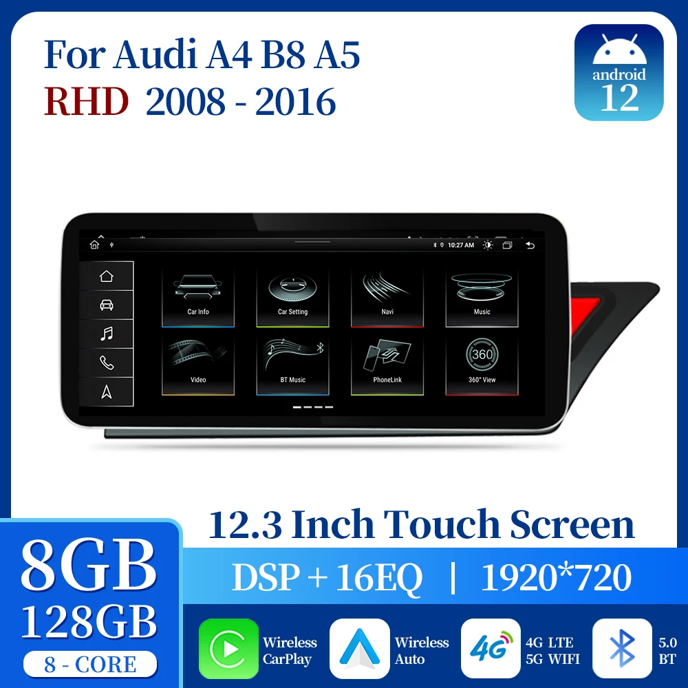 

For Audi A4 B8 A5 2008-2017 RHD MMI 3G Android 12 System Car Screen Player GPS Navigation Multimedia Stereo Radio CarPlay Auto