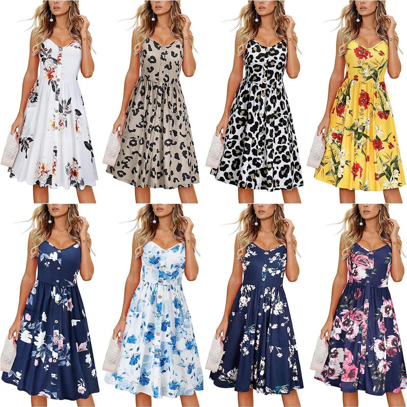 

Bikoles Summer Sexy V Neck Spaghetti Straps Bohemia Flowers Print Women's Fashion High Waist Button Ladies Party Dress Vestidos