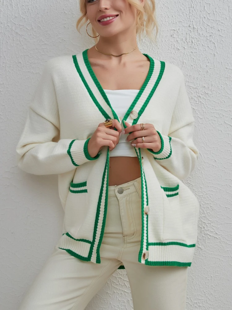 

Autumn Winter Women Knitted Cardigan Long Sleeve Top 2023 with Pocket Office Ladies Casual Vintage Oversized Sweaters for Women