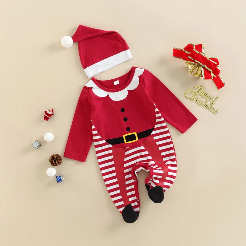 

Baby Girls Christmas Jumpsuit Set Long Sleeve Red Striped Patchwork Footed/Footless Romper with Hat Xmas Clothing