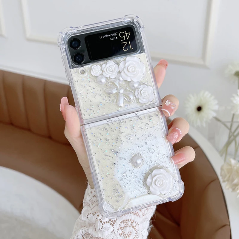 

3D Luxury Glitter Clear Rose Flower Pearl Phone Case For Samsung Galaxy Z Flip 3 Transparent Silicone Soft TPU Bumper Back Cover