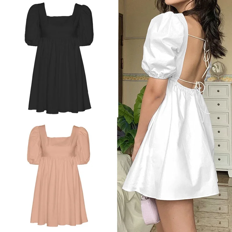 

Women sexy backless solid color Puff sleeve dress