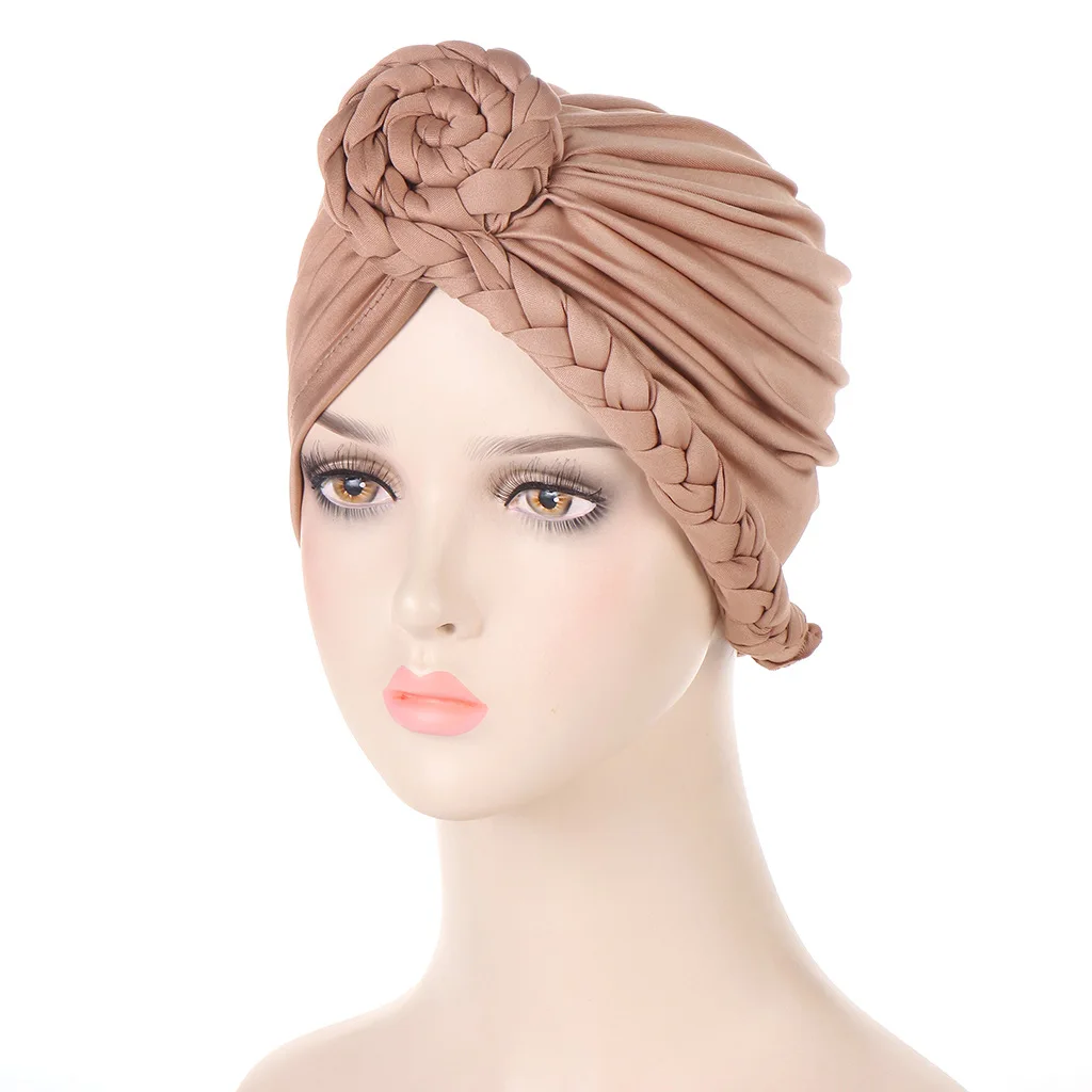 

Braid Women's Turban Cap Stretchy Headscarf Bonnet Soild Color India Hat Chemo Bandana Muslim Hijab Hat Wrap Head Turbans