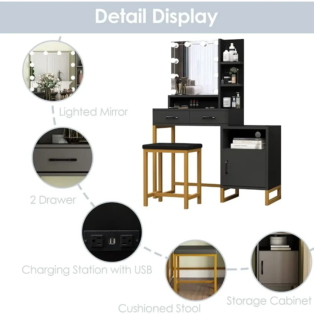 Туалетный столик для макияжа с зеркалом подсветкой и зарядной станцией черный