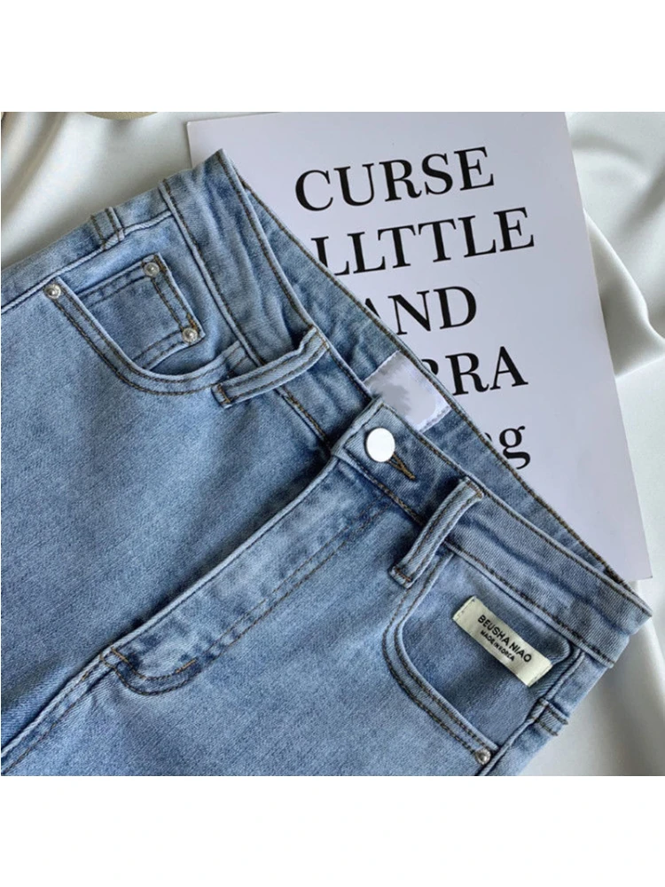 Five-point Denim Shorts Women's Summer Thin Section Large Size Elastic Tight-fitting Ripped High Waist Blue Straight Jeans Pants