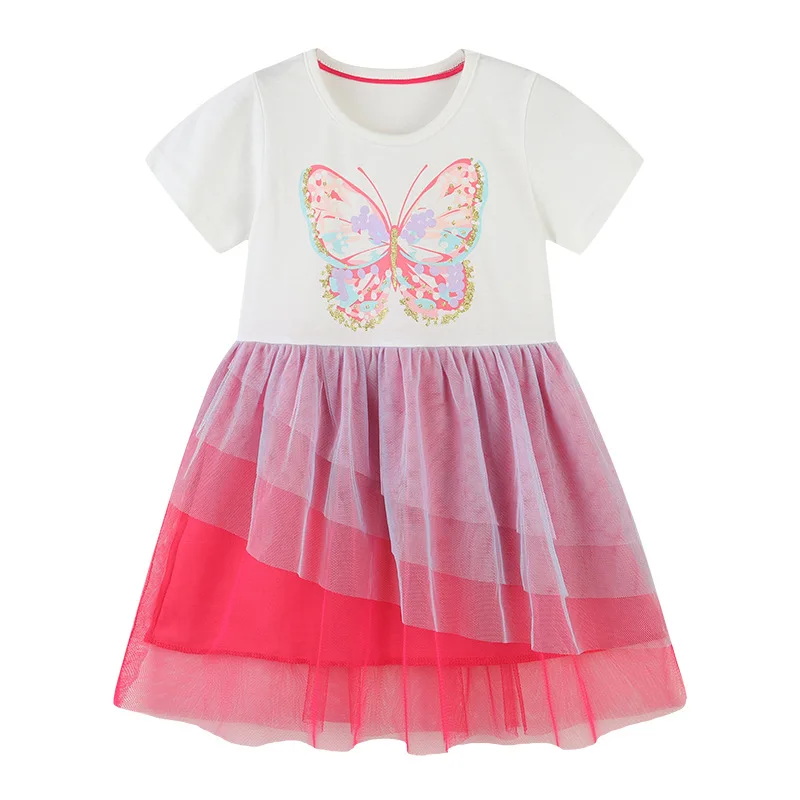 

Summer Dress Girls Knee-Length Dress Butterfly Pattern Short Sleeve Dress Cotton For Girls Princess Costumes Kids Clothing