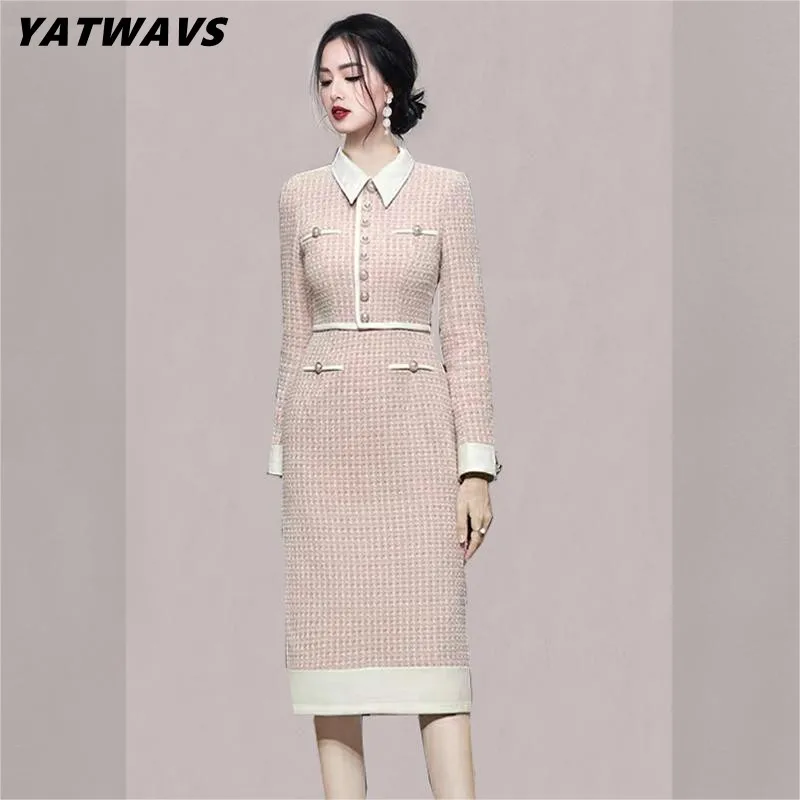 High Quality Women Office Tweed Pencil Dress Winter Elegant Fashion Pink Patchwork Simple Buttons Deco Midi Party Dresses