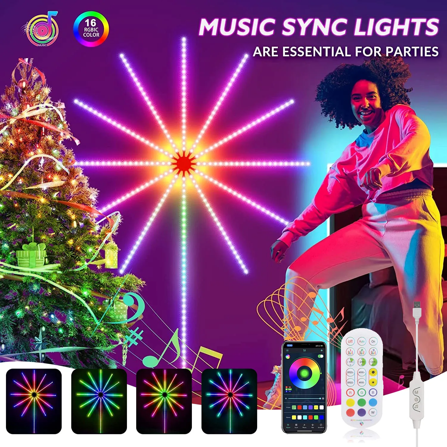 LED Fireworks Holiday Light RGB 5050 Bluetooth Light Bar APP Remote Control Music Sync Living room TV Wall Lamp Xmas Party Decor