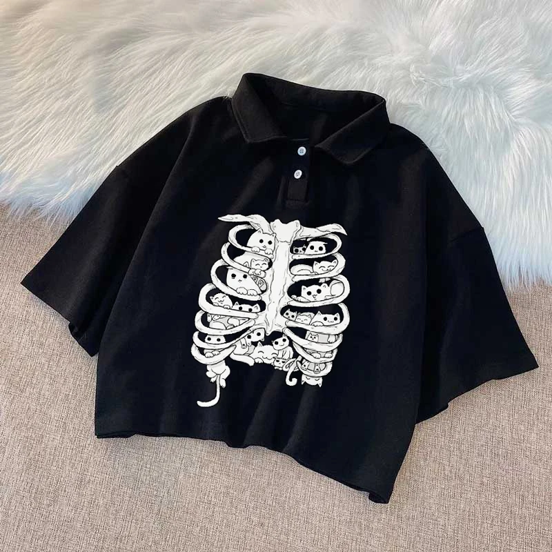 

Gothic Harajuku Shirt With buttons Cropped Vintage emo skeleton Print y2k Summer goth T-shirt Blouses grunge pulovers Top women