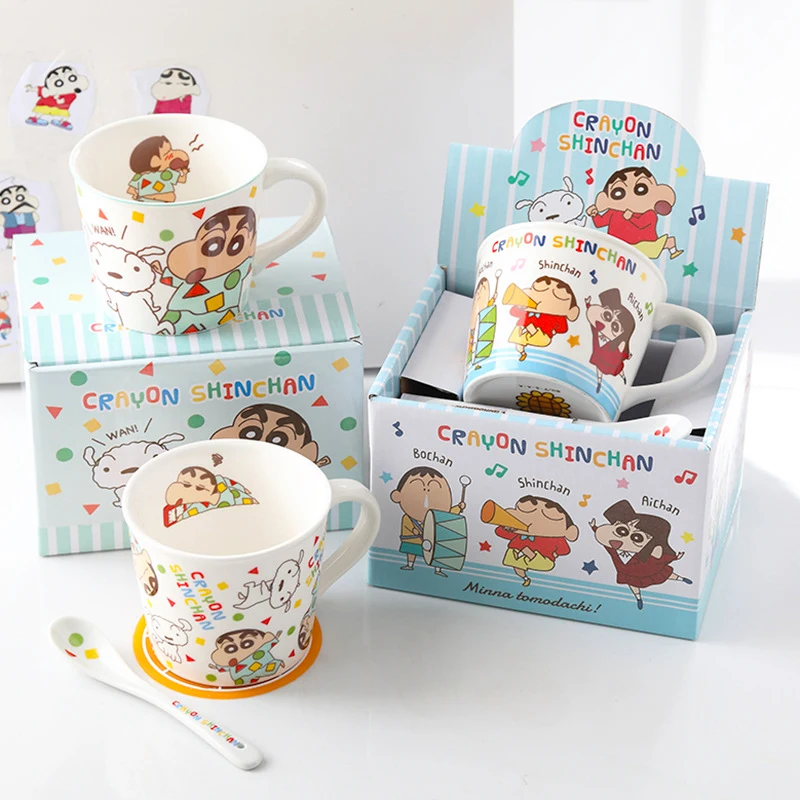 300ML Crayon Shinchan Mug Ceramic Mug with Spoon Cute Cartoon Printing Shin-chan Pajamas Student Home Milk Cup Gift Box for Kids