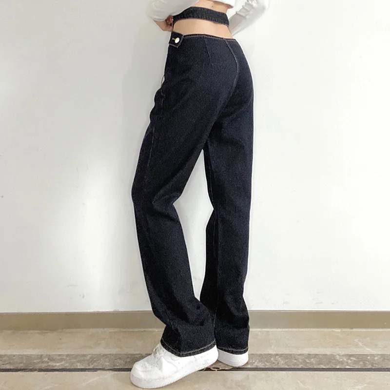 2022 Autumn and Winter New Women's Street Fashion Cross Button Lace-up Hollow Waist Wide Loose Long Wide-leg Casual Jeans