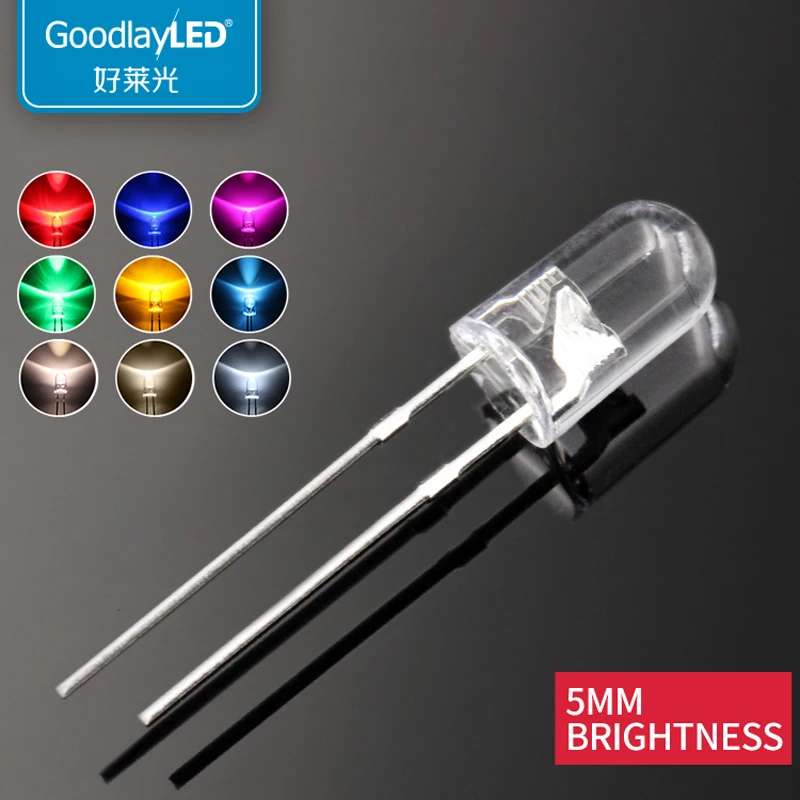 

1000pcs LED Light Emitting Diode F5 / 5mm Round short leg boundless transparent white light red blue green and yellow