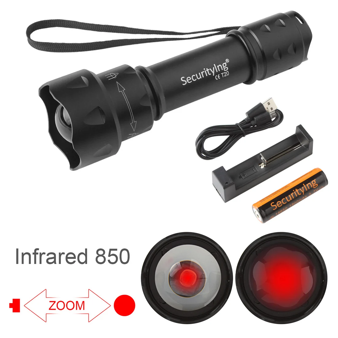 

SecurityIng T20 Infrared IR 850nm Night Vision Flashlight 38mm Lens Zoomable LED Torch + 18650 Battery Hunting Flashlights