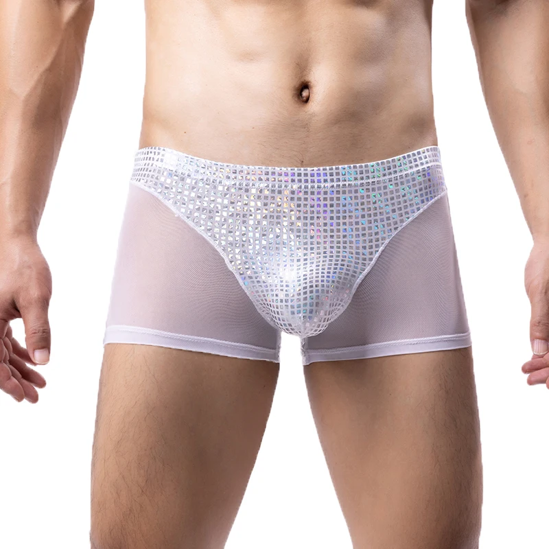 

Трусы-боксеры мужские сетчатые, нижнее белье с блестками, блестящее нижнее белье в стиле пэчворк, бесшовные трусы-боксеры для геев