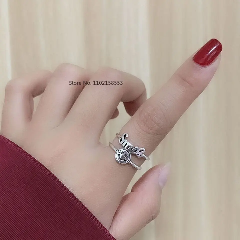 

SMILEY Brand New 925 Fashion Smiley Letter Double-layer Men's and Women's Ring Smile Opening Ring Student Decoration