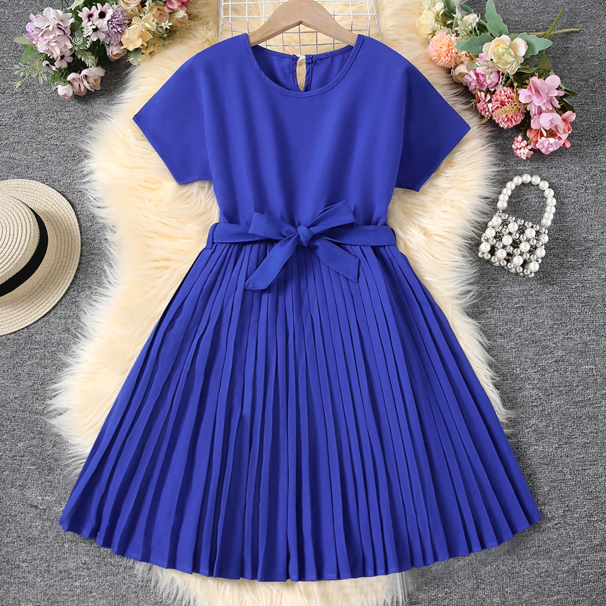 Летнее Однотонное Плиссированное Трапециевидное Платье Для Девочек С Круглым