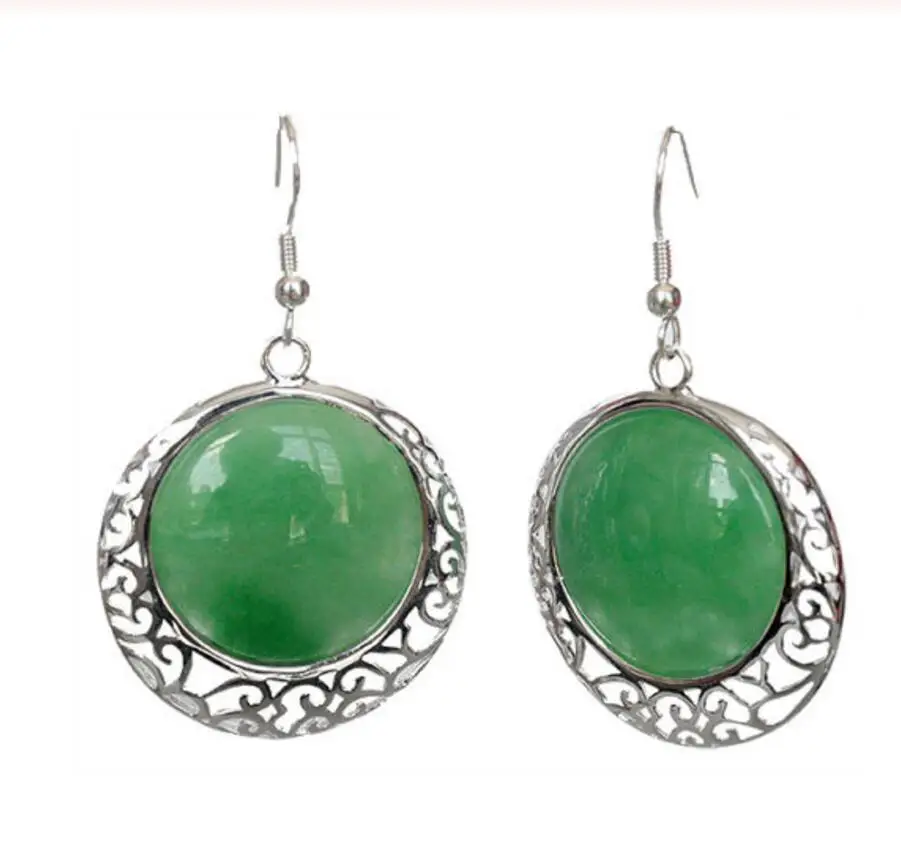 

VINTAGE 925 STERLING SILVER NATURAL Green jade Quartzite stone COIN BEADS DANGLE EARRINGS