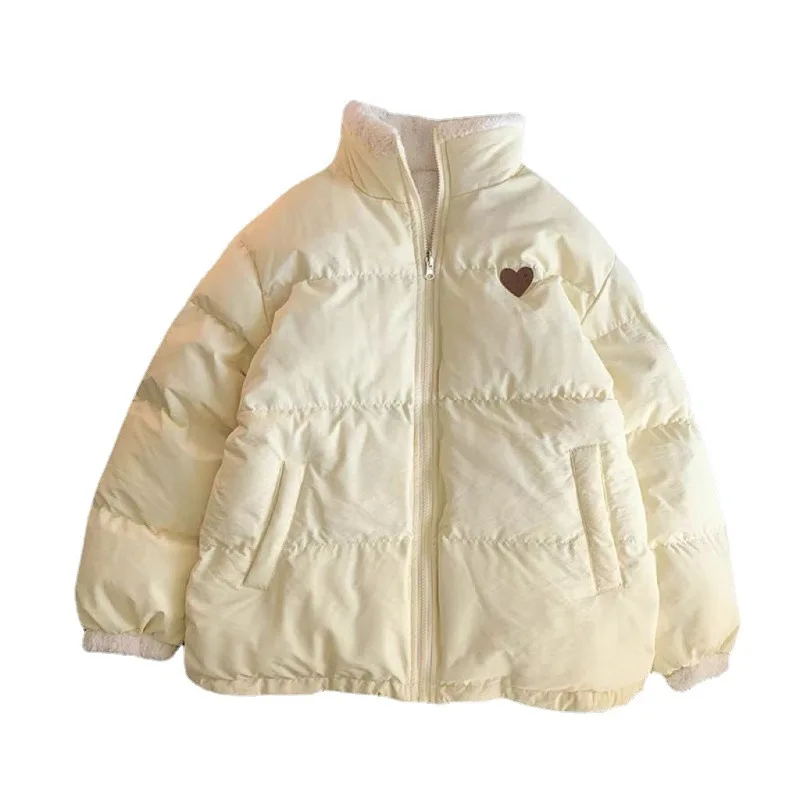 2022 Cute Embroidery Women Parkas Coat Winter Thick Hairy Korean Loose Warm Jacket Double Sided Design Pink Student Clothes