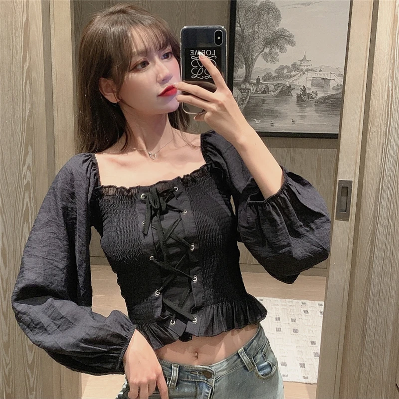

2022 Spring Autumn Fashion South Korea Chic Sweet Foreign Air Age Reducing Off Shoulder Waist Tie Down Fitting Shirts for Women