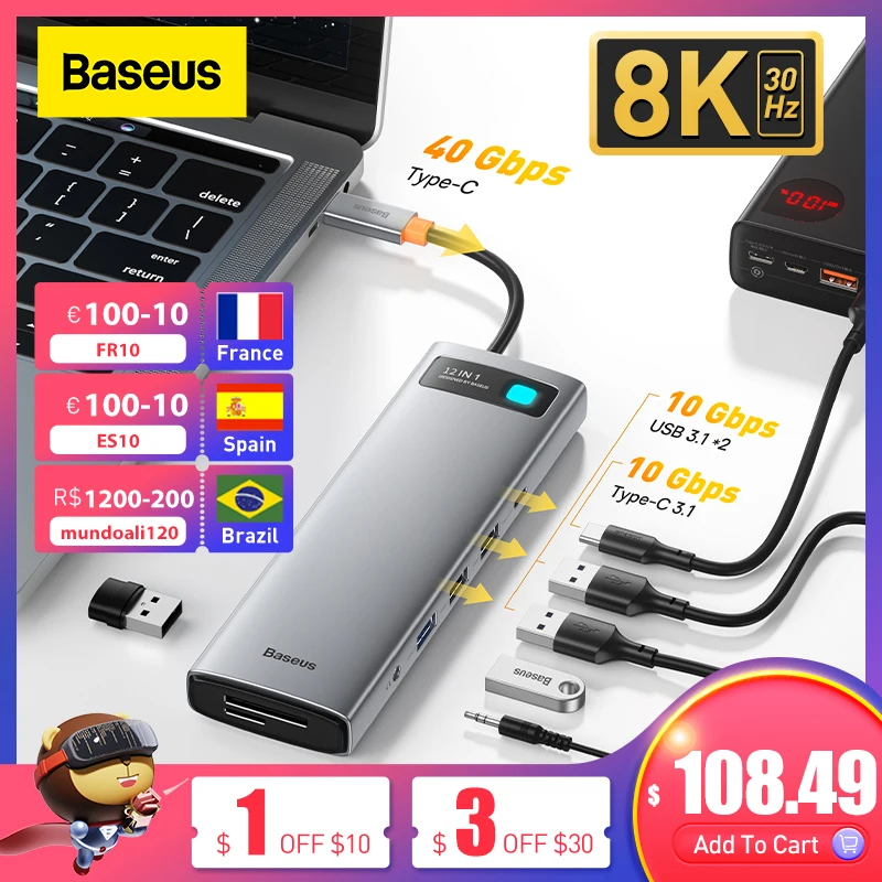 

Baseus 8K/30Hz USB C HUB Type C to HDMI-compatible USB 3.0 Adapter PD 100W DP RJ45 12 in 1 HUB Dock Station for MacBook Pro Air