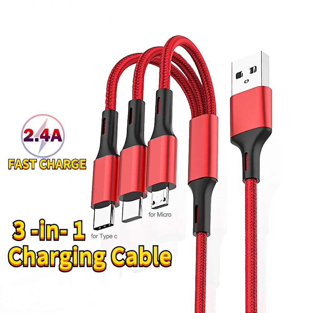 

3 in 1 USB Cable 2.4A Fast Charging Lighting Cables For i-Phone Type C Mobile Phone Charge
