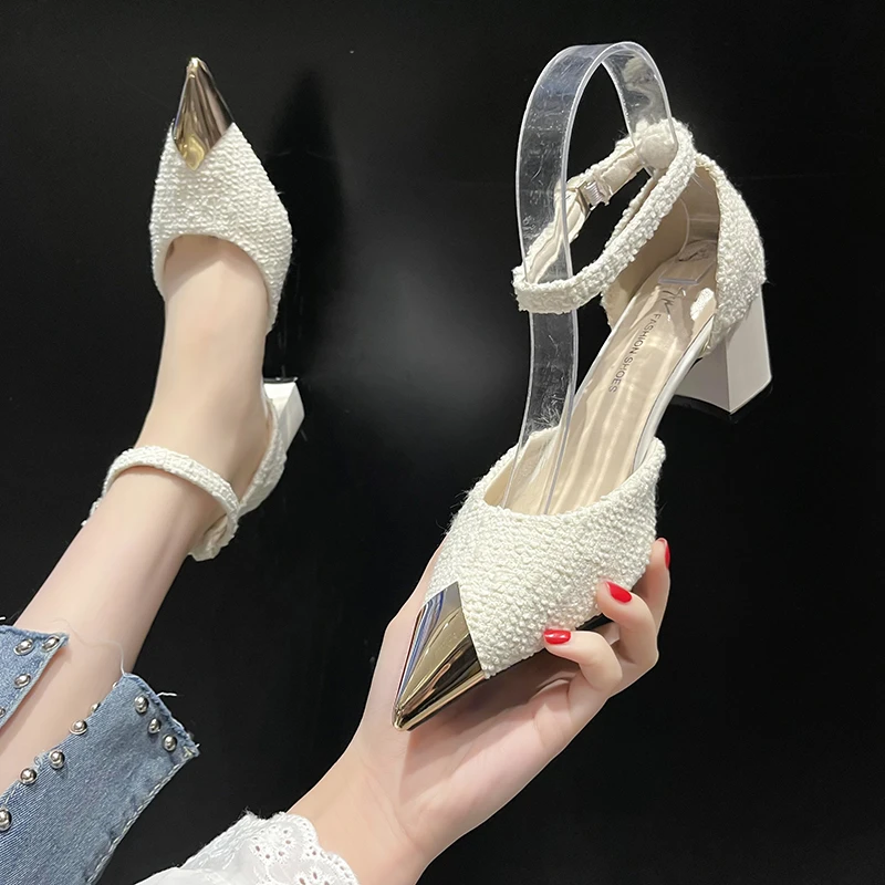 

Sandals Sexy Black Shoes for Women High Heels Shallow Mouth Med Beige High-heeled Fashion Gold 2022 Girls Spring Pointed Block M