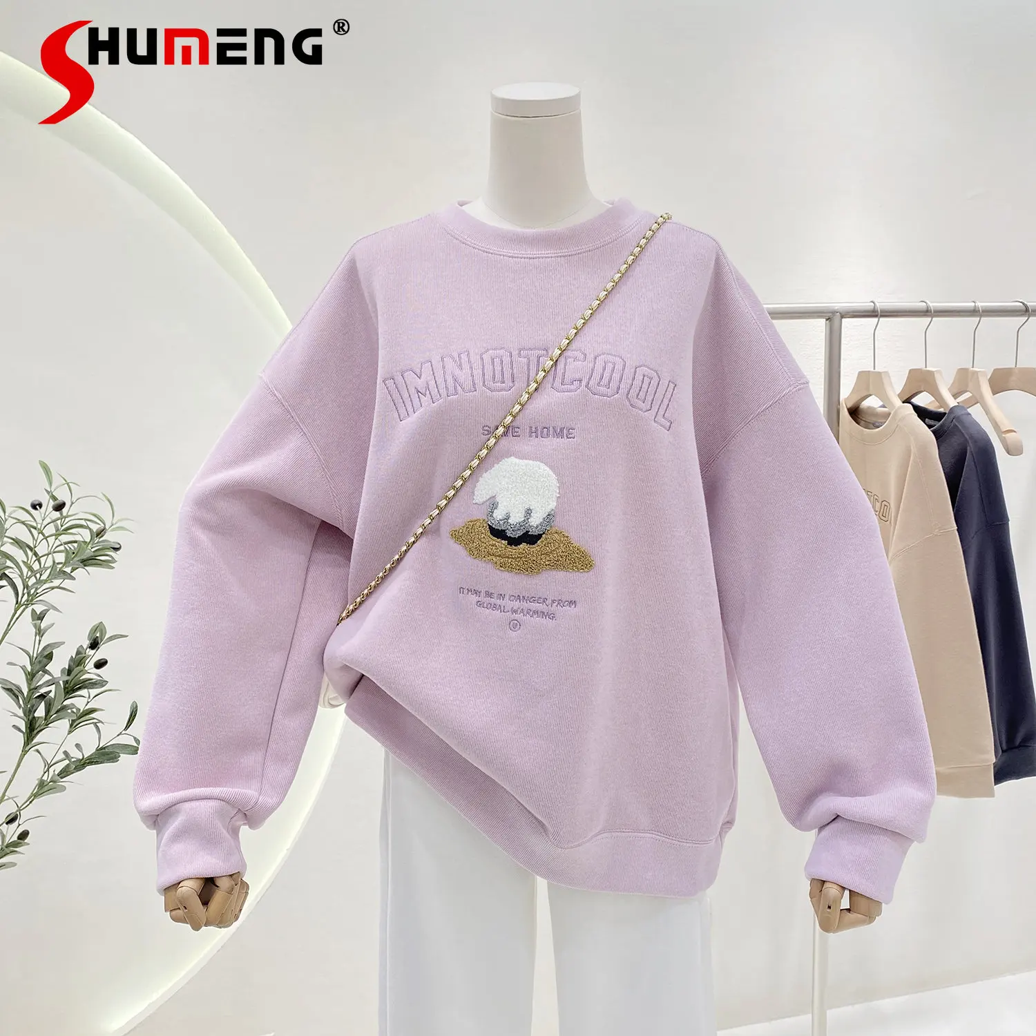 

Korean Style Fashion Casual Oversized Loose Velvet Thickened Sweatshirt Women's Simple Round Neck Long Sleeve Ins Hoodie Top