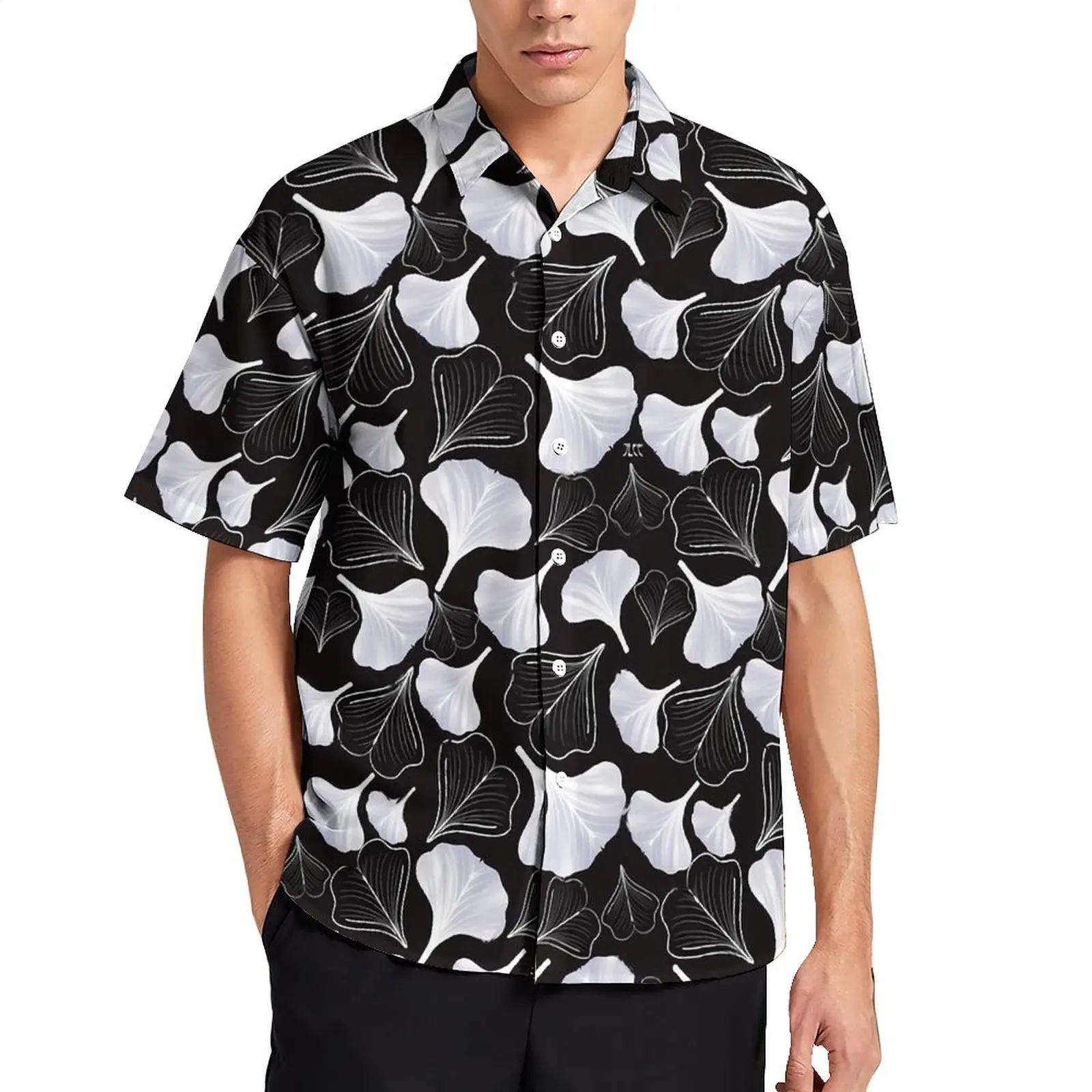 

Ginko Biloba Print Casual Shirt Black And White Beach Loose Shirt Hawaiian Cool Blouses Short Sleeve Custom Oversized Clothes
