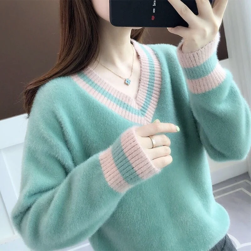 

2022 Autumn Winter Korean Fashion Contrast Color Sweater Pullover Women Loose Casual V Neck Long Sleeve Knitted Jumpers Female