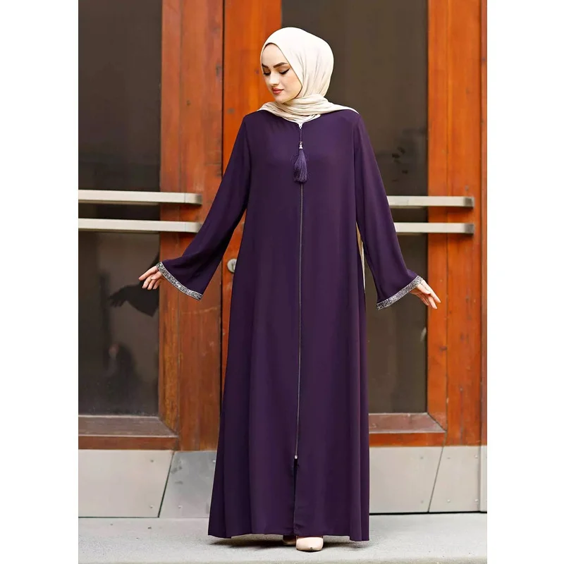 

Fashion New Muslim Women's Dress Dubai Round Neck Long Sleeve Split Casual Dress Türkiye Loose Solid Dress
