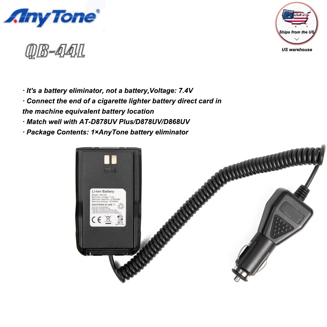 

AnyTone Car Charger 7.4V Battery Eliminator for AT-D878UV Plus/D878UV/D868UV Two Way Radio