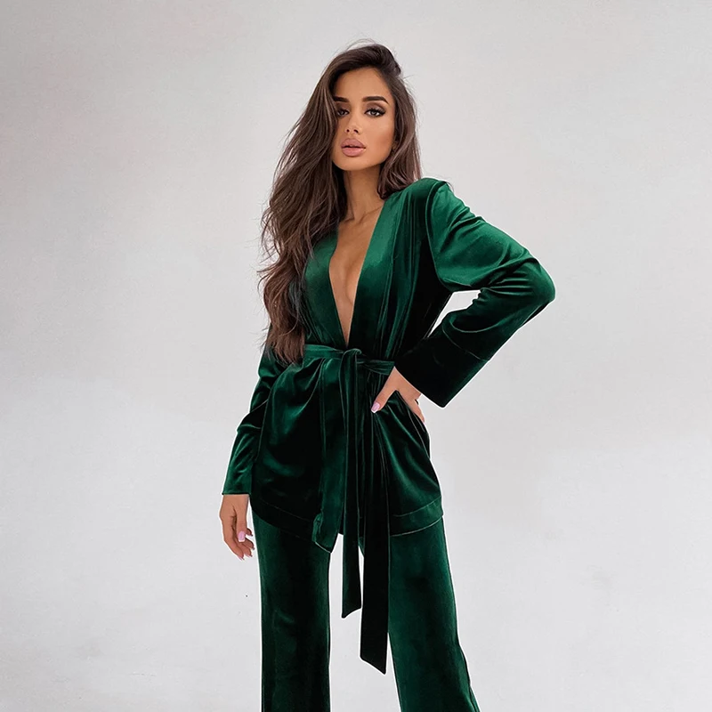 

Women'S Pijamas Lace-Up Robe Coat Casual Trousers Golden Velvet Sleepwear Suit 2 Piece Sets Female Outfits Two Piece Set Woman