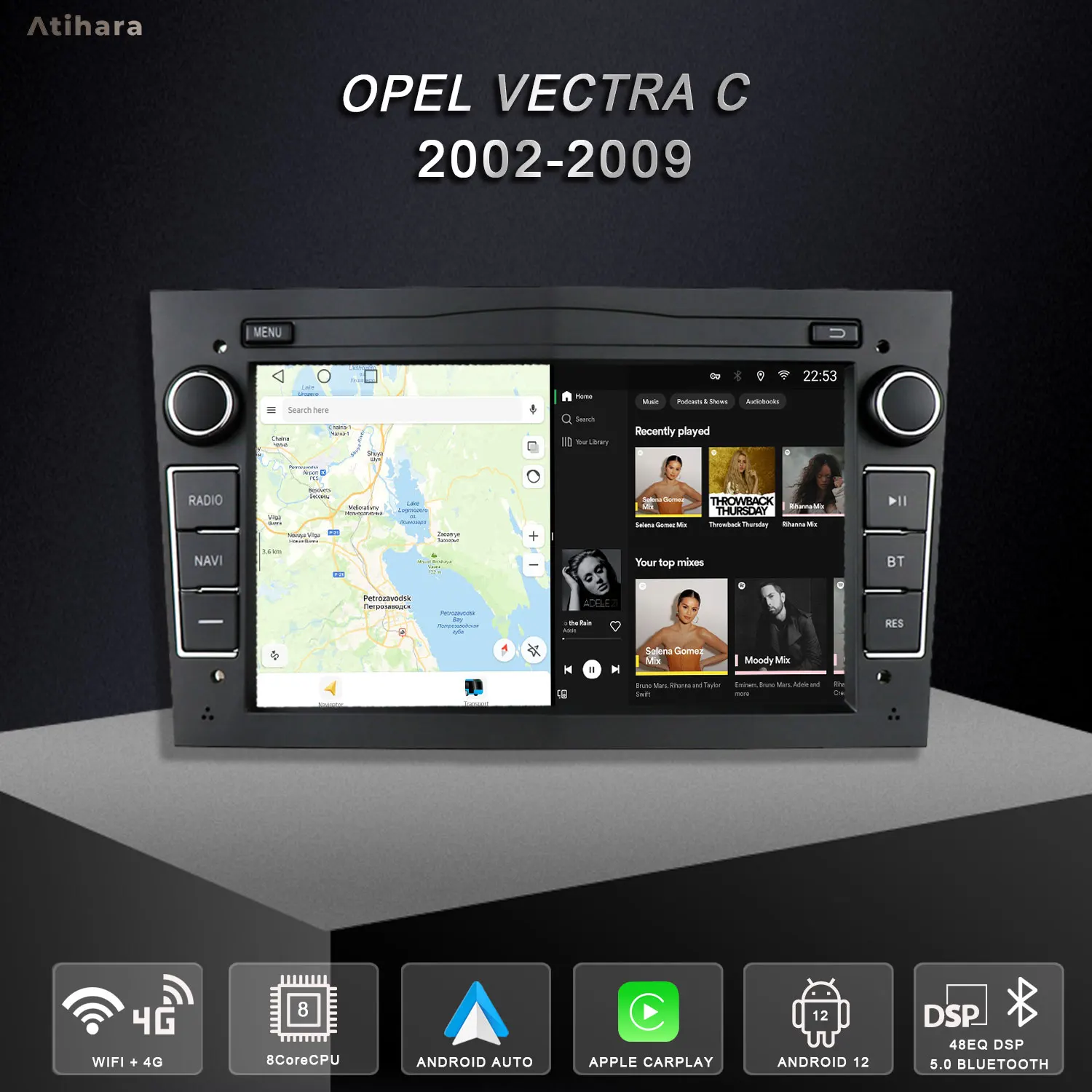 Atihara 7-дюймовый автомобильный радиоприемник Carplay Android Auto для Opel Vectra C 2002-2009 WIFI + 4G AM/FM