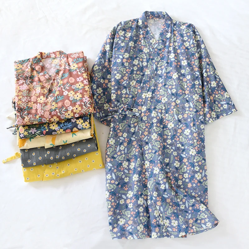 Japanese-style Kimono Pajamas Summer New 100% Cotton Gauze Pajamas Nightgown Ladies Yukata Homewear Long Pajamas Women