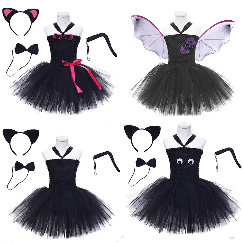 

Girl cosplay Halloween Costume Play Black Cat Tutu Dress Head Tie With Tail Brazilian Dress Children Animal Bat Dresses Wing Set