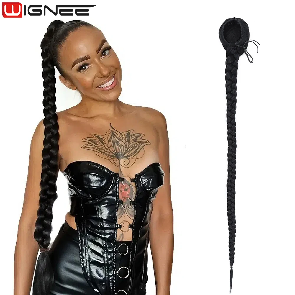WIGNEE 34 дюйма длинный прямой конский хвост синтетические волосы для женщин косички удлинители волос черный цвет термостойкий Бесплатная доставка