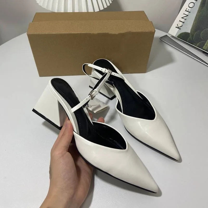 Womens Sandals 2023 Summer New Fashion Pointed Toe Sexy Ladies Shoes Slingback Mules White Leather Chunky Heel Women Pumps