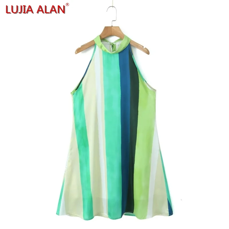 

New Women's Stand Collar Lace Up Bowknot Colorful Striped Mini Dress Elegant Female Loose Vestidos LUJIA ALAN WD2076