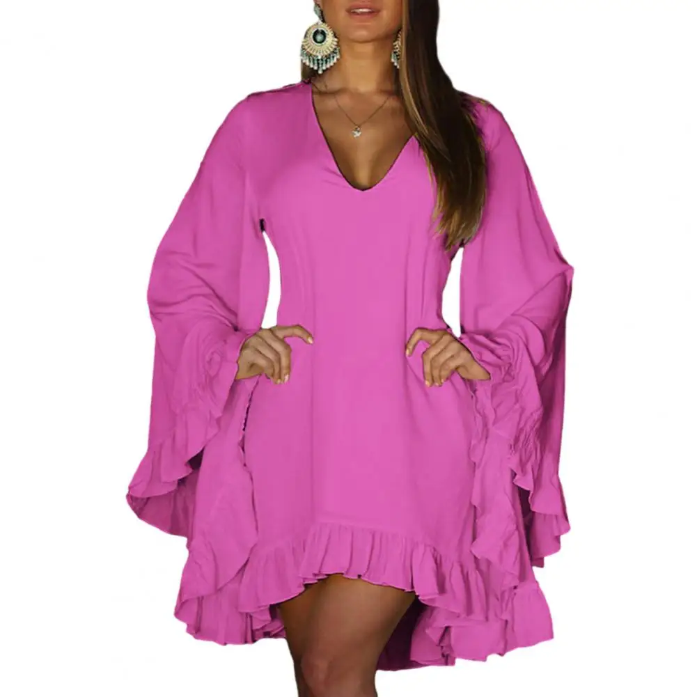 

Women Mini Dress with V-neck Flirty V-neck Mini Dresses with Irregular Ruffle Hem for Women for Vacation Wear Solid Color Women