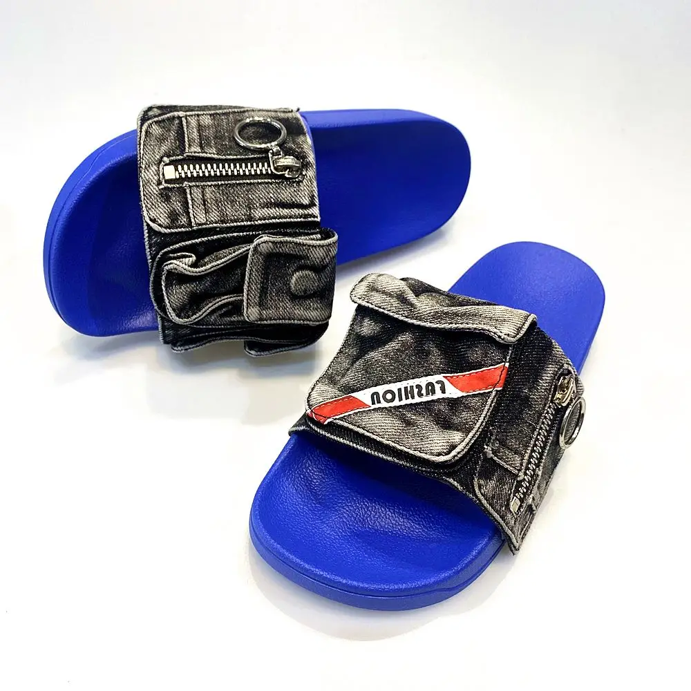 New Retro Soft Sole Denim Slippers Women Shallow Mouth Flat Round Toe Thick Bottom Slipper Open Toed  Casual Slip On Sandals