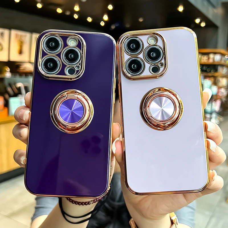 

Plating Magnetic Ring Case For iPhone 14 13 12 11 Pro Max XS X XR 8 7 Plus iPhone14 14Pro Support Car Holder Stand Covers Purple