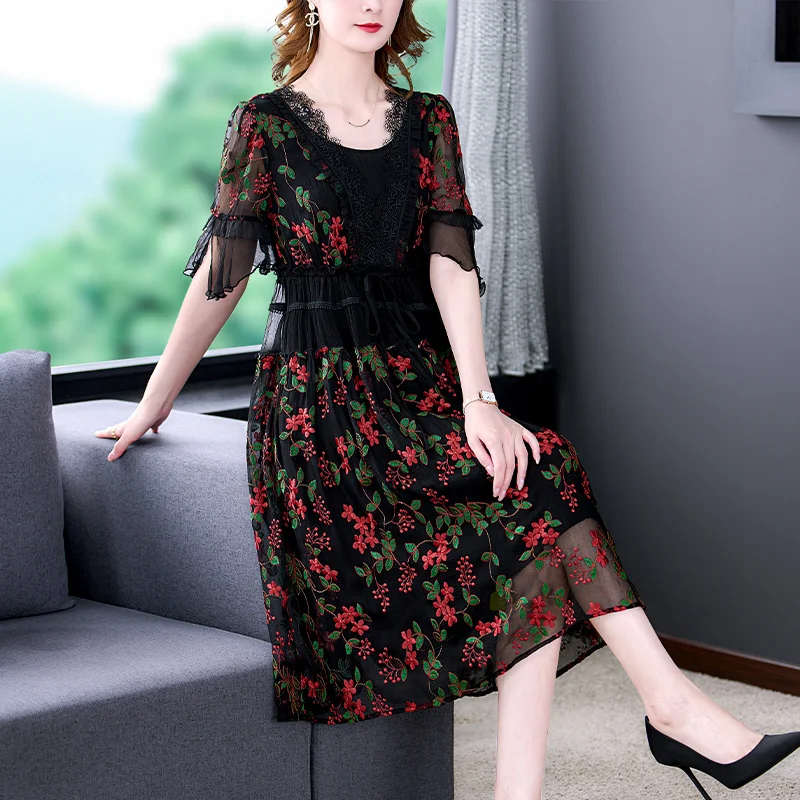 

Elegant Fashion Embroidered Mesh Dress Women 2023 New Summer Loose Tight Over Knee Swing Skirt Casual Party Clothing Vestidos