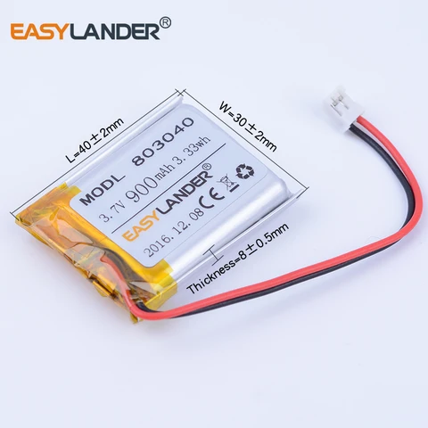 3 шт./лот 3,7 В 900 мАч 803040   JST2.0 Перезаряжаемая литий-ионная полимерная батарея 2p