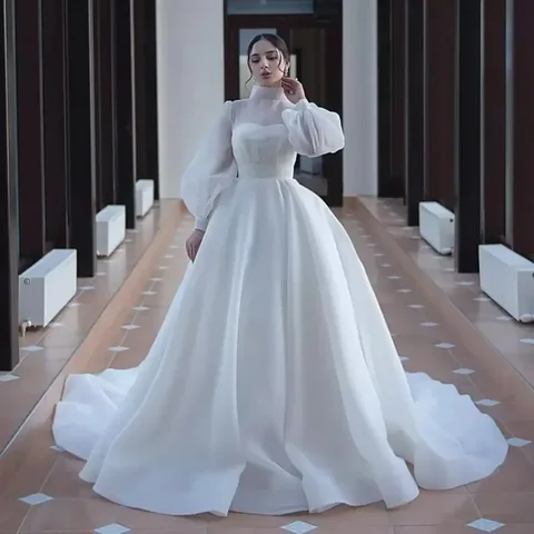 Свадебные платья с высоким воротом и длинными рукавами по индивидуальному заказу, халаты со шлейфом De Mariage, трапециевидные свадебные платья больших размеров