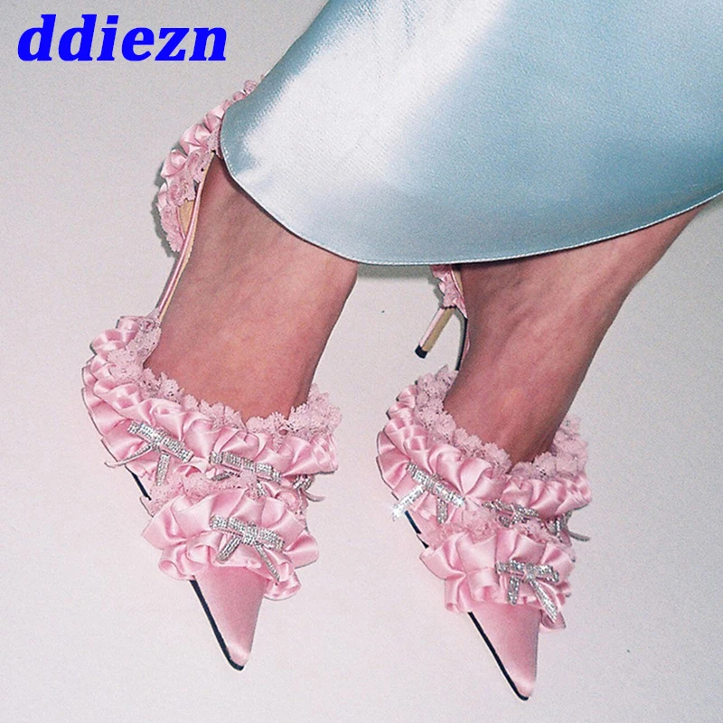 

Heels Pumps Shoes For Women Silk Stiletto Ladies High Heels Shoes Pointed Toe Butterfly-Knot Fashion Female Sandals Slingbacks